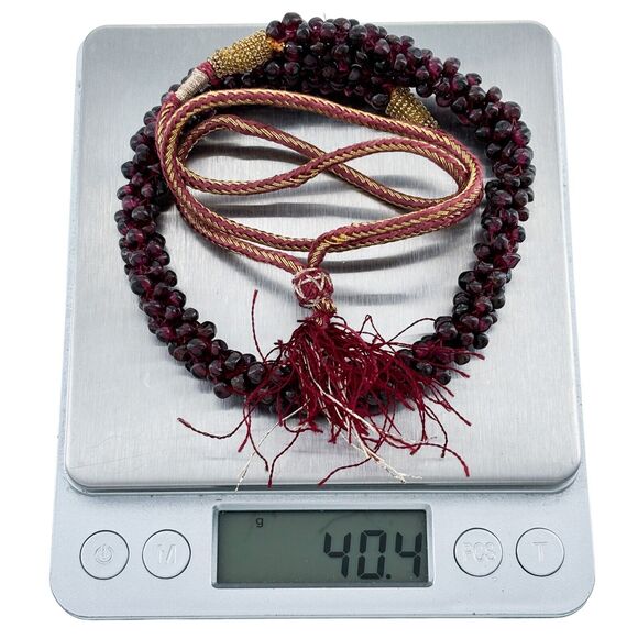 Red Garnet Golden Threaded Interwoven Rope Cluster Bead Necklace 28" - Picture 3 of 4